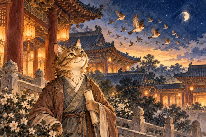 归巢的鸟儿掠过宫省屋檐，杜甫凝神倾听