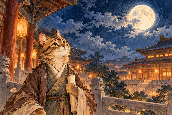皎洁月光映着高耸宫殿，杜甫静看夜空