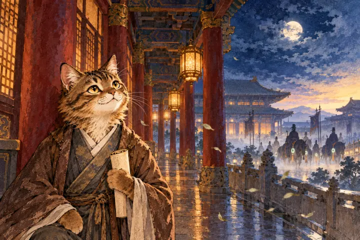夜风吹过宫廊，杜甫仿佛听到朝官马饰的铃声