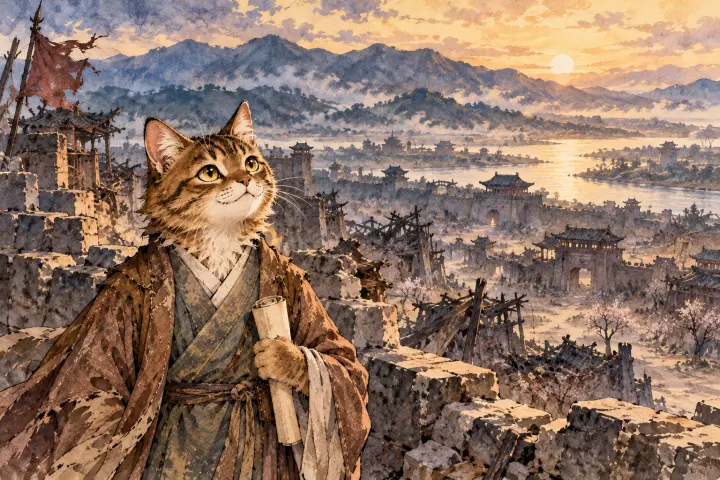 虎斑猫杜甫站在沦陷的长安城头，望见依旧的山河