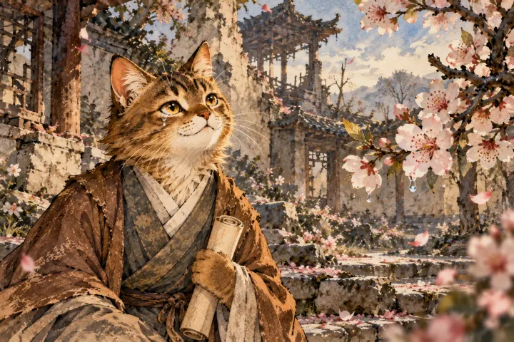 杜甫在残破庭院望着春花，眼中含泪