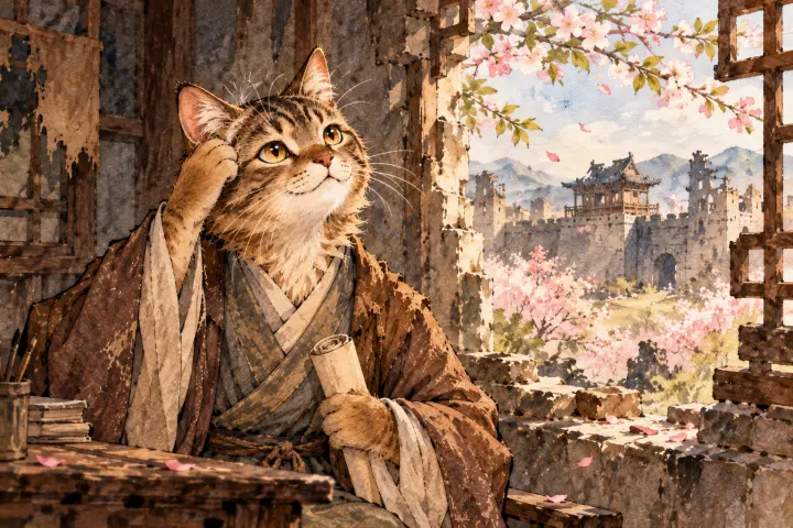 杜甫在窗前忧思，轻触渐白的鬓毛