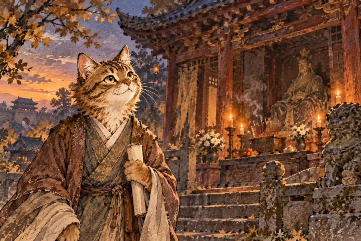 成都后主祠庙在暮色中静立，杜甫凝望历史遗迹