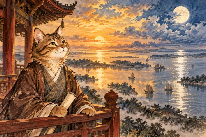广阔湖面映着日月天地，杜甫感受洞庭气象