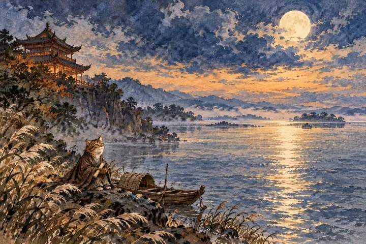 年老多病的杜甫倚在洞庭湖上一叶孤舟旁