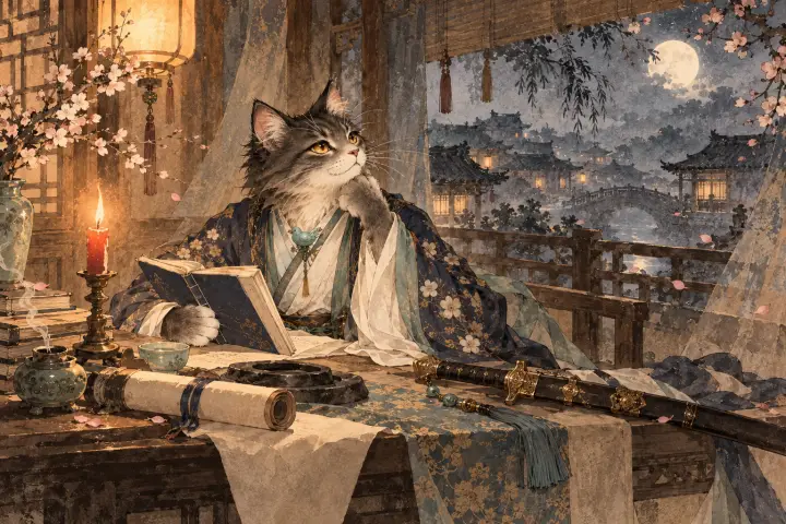李商隐猫在旅舍灯下读书，身旁一柄佩剑与诗卷映出失意心情