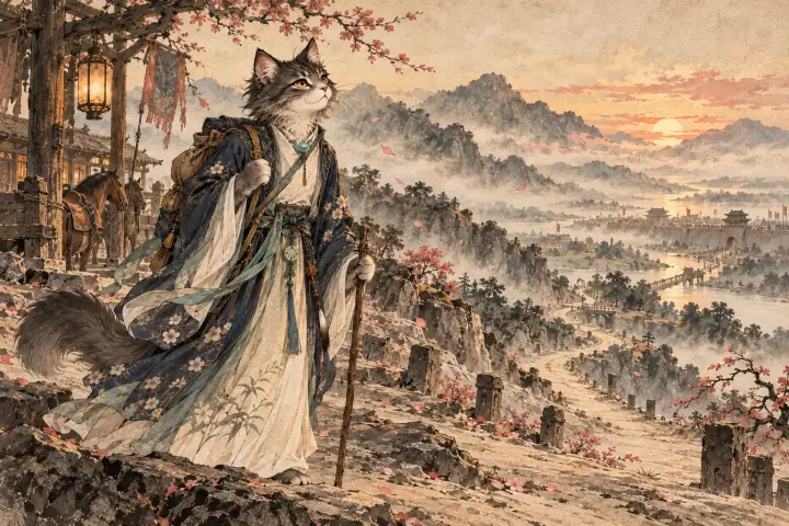 漂泊多年的李商隐猫背着行囊站在驿路，前方旅途漫长