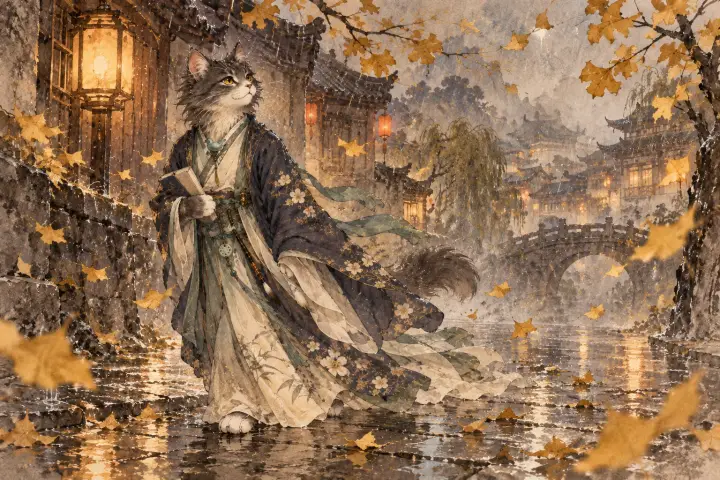 黄叶在风雨里翻飞，李商隐猫独行湿冷的秋街