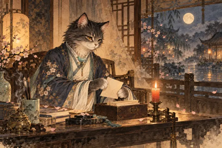 李商隐猫收到新友疏远的消息，在灯下默然收起信笺