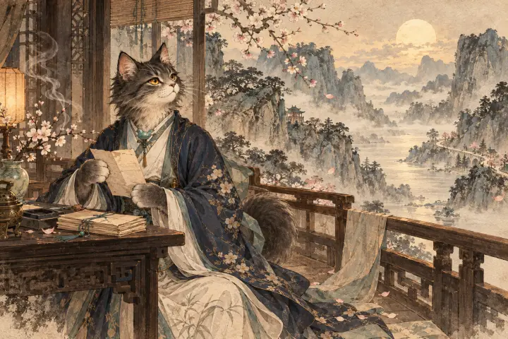 李商隐猫翻看旧友的信，远处道路被山水隔开