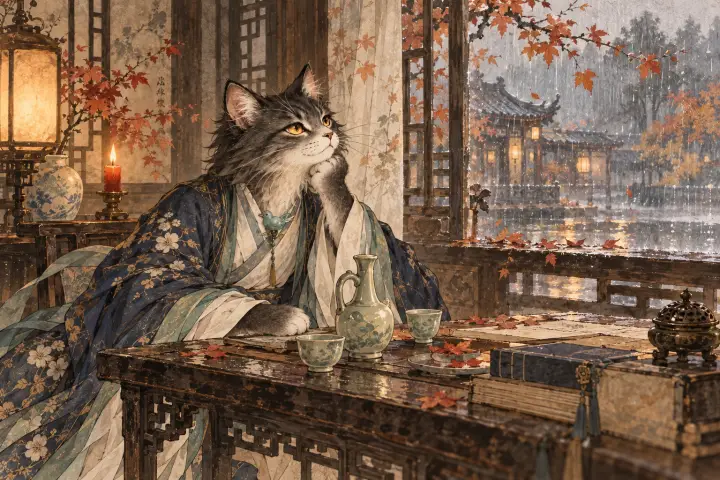 酒壶酒杯排在案上，李商隐猫望着窗外秋雨，愁绪难消