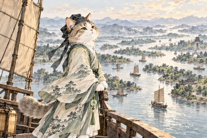 王维猫站在汉江船头，远望楚地水路汇聚