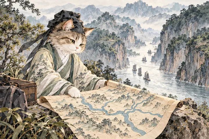 汉江水流向荆门与诸多河道，王维猫展开行旅地图