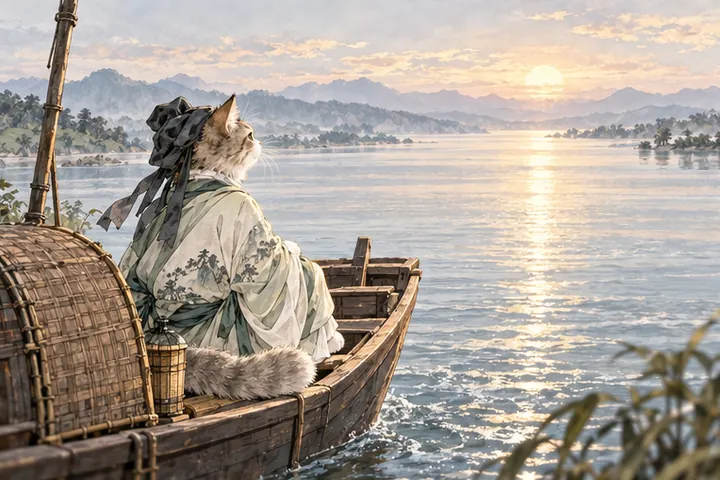 宽阔江水流向天地尽头，王维猫在小舟远眺