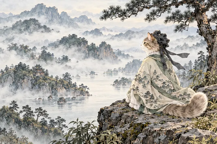 远山隐现在江雾里，王维猫安静欣赏
