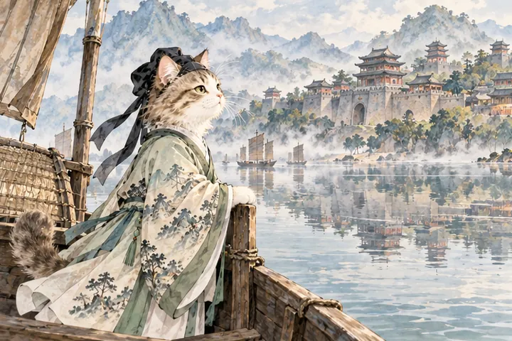 江边襄阳城郭仿佛浮在水面，王维猫在舟上观看