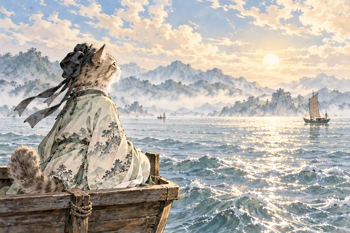 波光与天空交错，王维猫看远处江浪荡漾