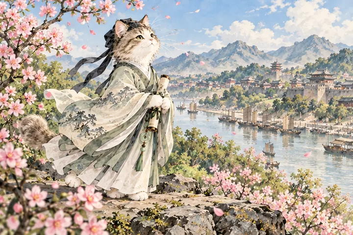 晴朗春日襄阳江畔，王维猫迎风欣赏城山