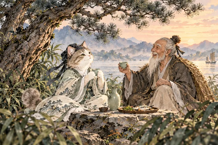 王维猫与山翁在江边树下对饮，乐而忘返