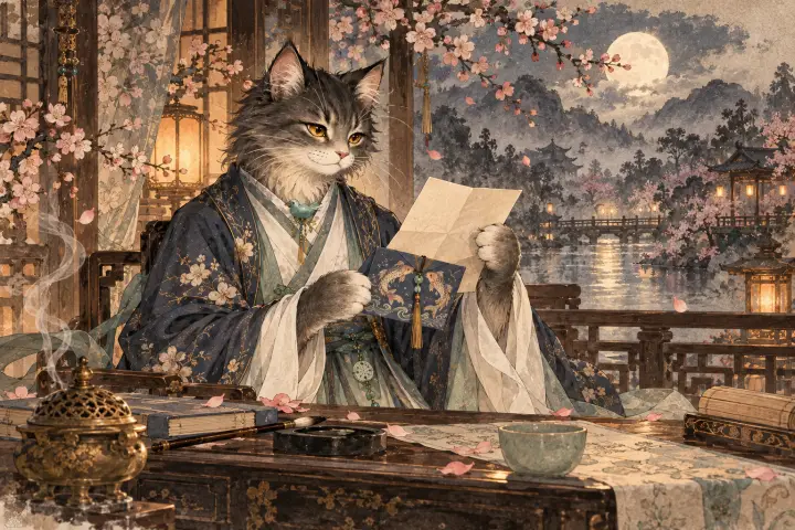 李商隐猫打开远道寄来的书信，信封饰有一对鱼形纹样