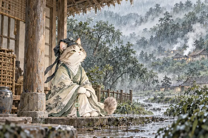 连日雨后的空林里炊烟缓缓升起，王维猫在庄园檐下