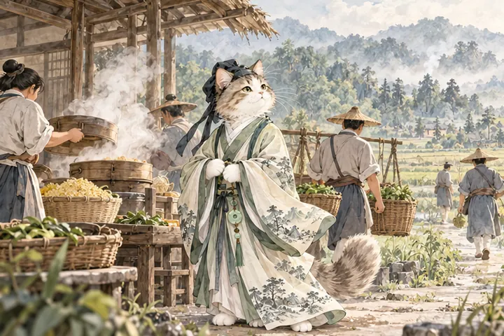 农家备好蒸藜与黍饭送往东边田地，王维猫看着