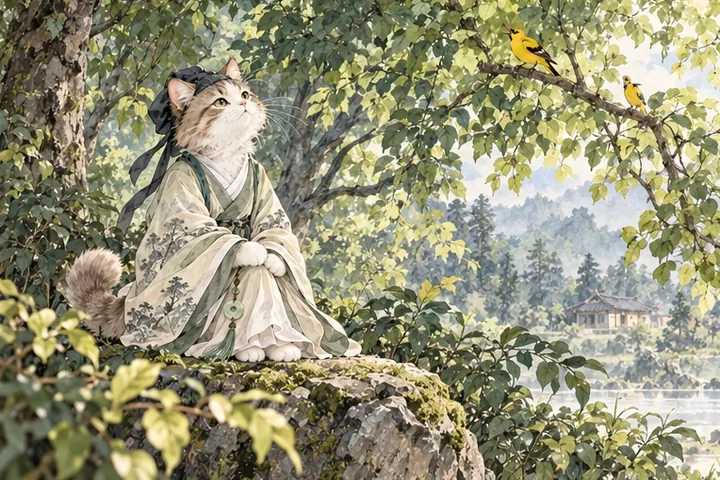 浓密夏树中黄鹂啼鸣，王维猫仰头倾听