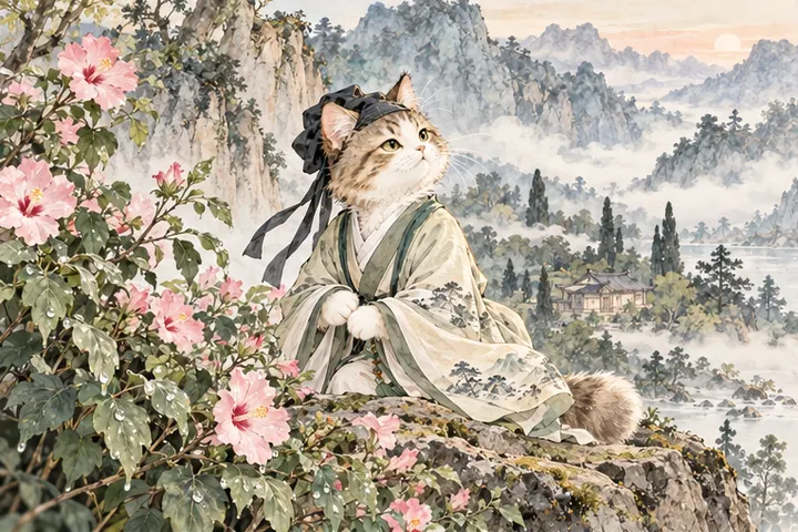 王维猫在山中静观清晨初开的木槿