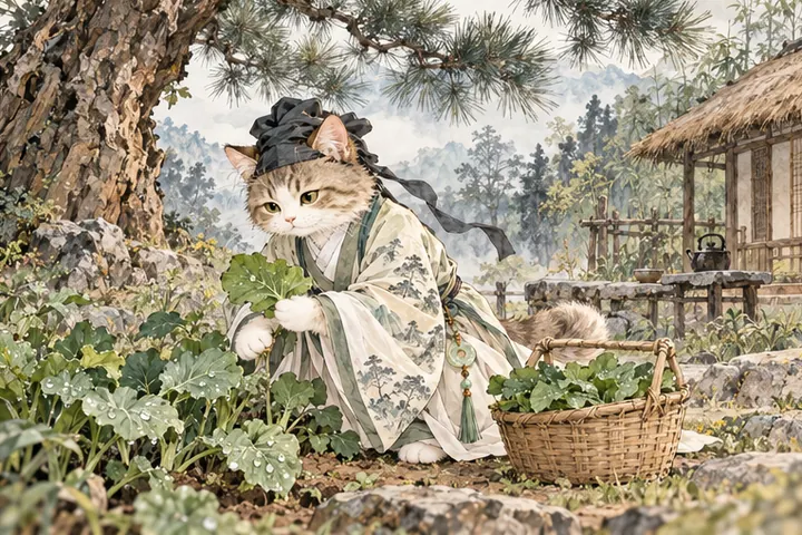 王维猫在松下清斋，采摘带露的葵叶