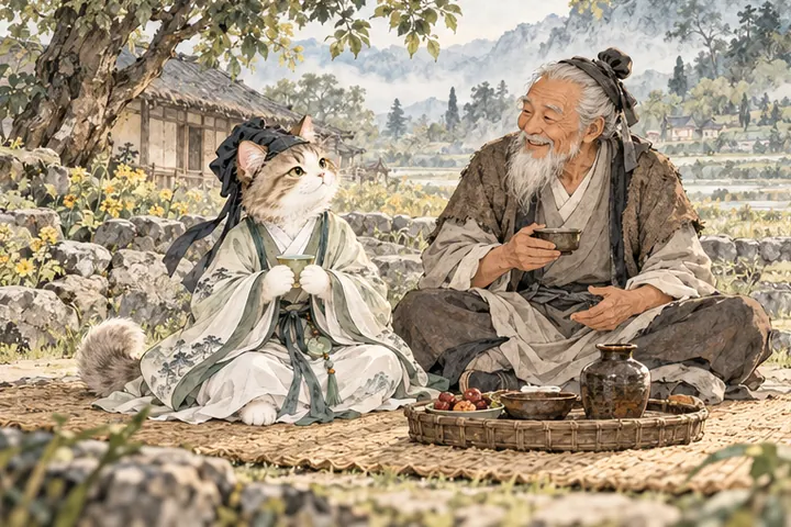 王维猫与村中长者平等亲近地席地而坐