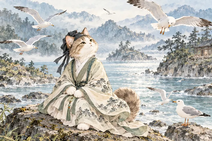 王维猫在水畔安坐，白色海鸥自在飞近而不惊