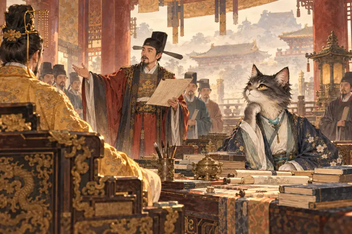 博学贤臣在殿前陈述见解，李商隐猫旁观，书卷满案