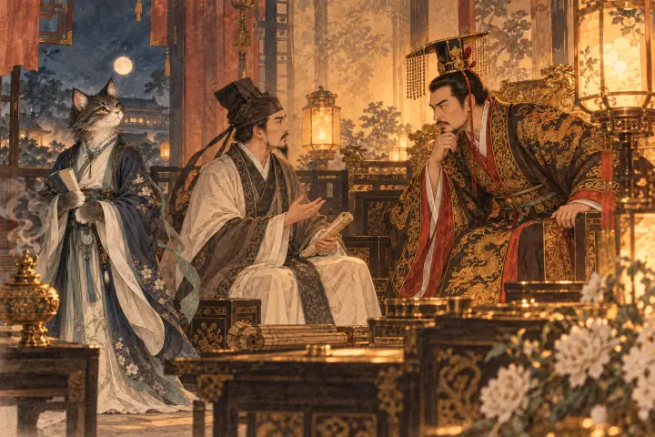 夜半宫灯下君王向贤臣移近坐席，李商隐猫发现谈话方向不对