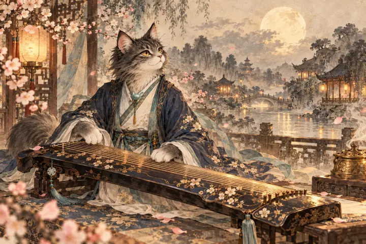 古雅锦瑟放在李商隐猫面前，繁密琴弦在柔光中泛金色