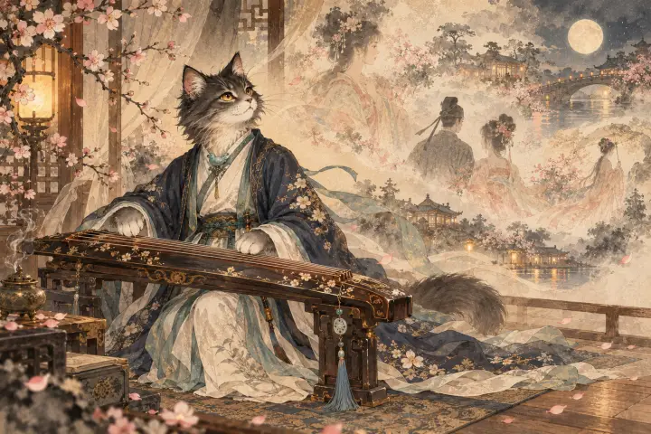 李商隐猫轻触锦瑟的一弦一柱，周围浮现朦胧青春旧影