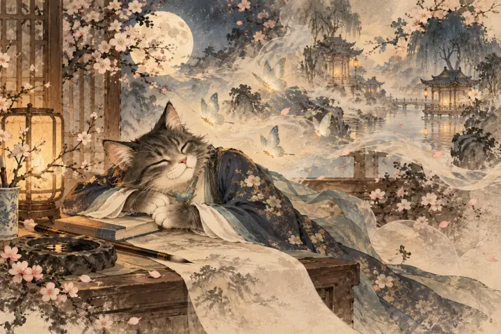 李商隐猫伏案小憩，梦中的蝴蝶绕着他翩飞，梦境与现实交错