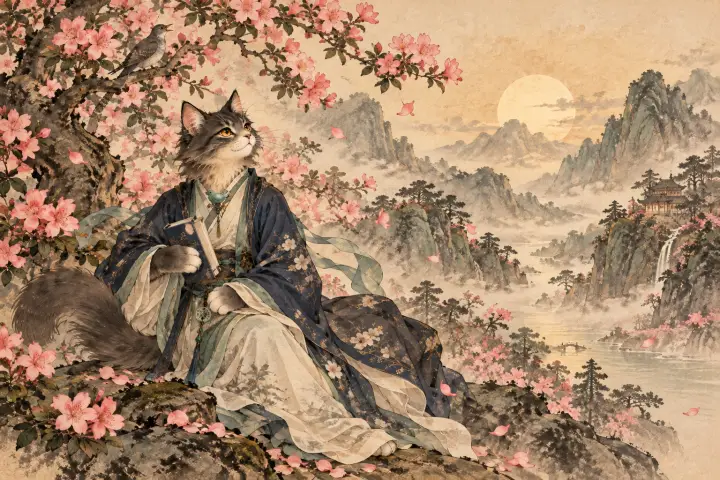 春山杜鹃啼鸣，李商隐猫抬头凝望，花影含着难言心事