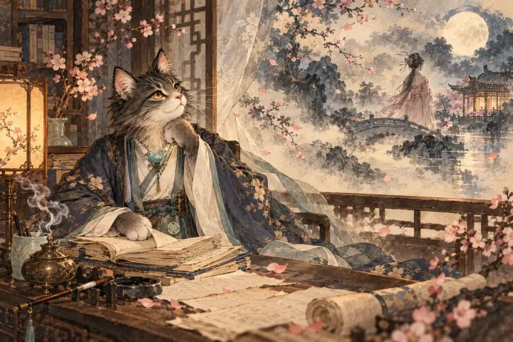 李商隐猫翻阅旧诗稿，窗外旧日场景像水墨回忆般浮现