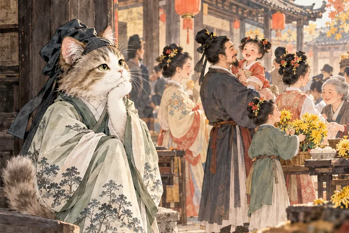 王维猫看到街上团聚的人家，更加想念亲人