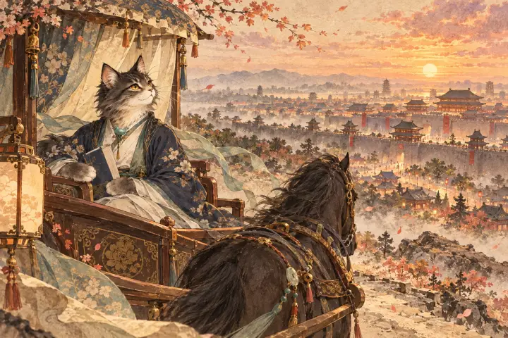 李商隐猫乘古代马车登上长安乐游原，城郭和高原渐次展开