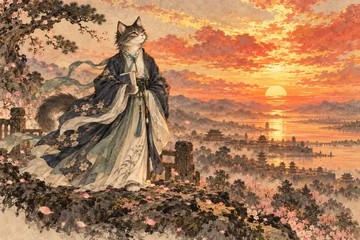 李商隐猫立在乐游原高处，赞叹铺满天际的灿烂夕阳