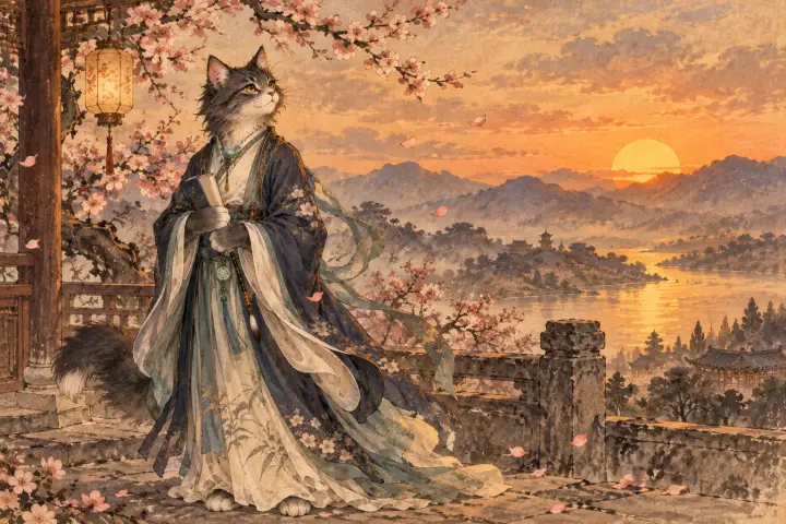太阳将沉入远山，李商隐猫在美丽而短暂的黄昏中安静伫立