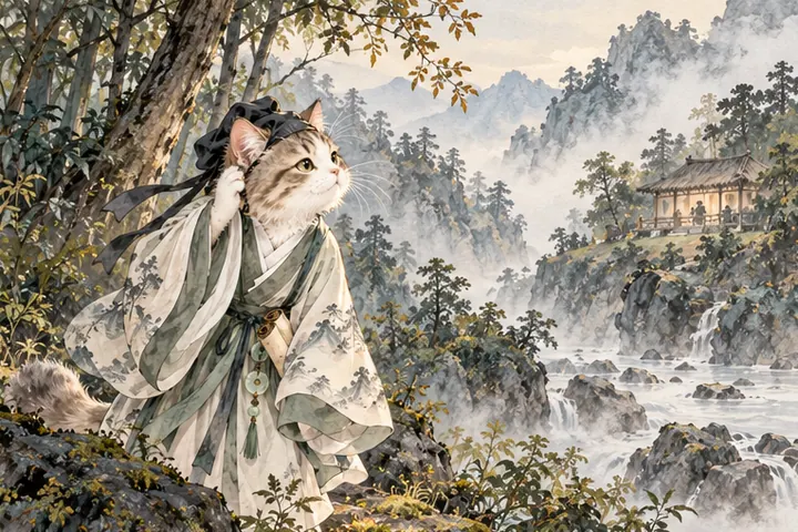 看不见来人，远处人语声在山谷回响，王维猫侧耳
