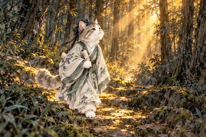 夕阳返照穿进幽深树林，王维猫沿光束行走