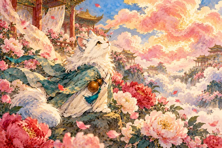 白猫李白在宫苑中看云霞与盛放的牡丹，构思华美诗句