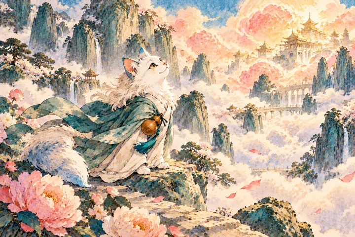 白猫李白想象仙境群玉山头云雾间的瑰丽花影