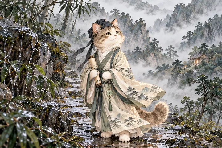 雨后空山，王维猫走过湿润山径与云雾