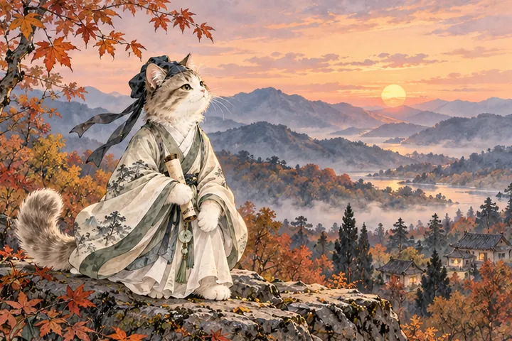王维猫眺望秋日傍晚的山谷与落叶