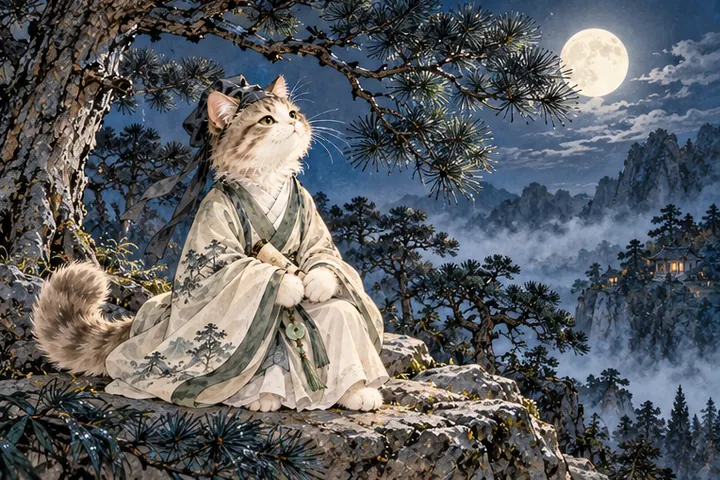 明月从松枝间照下，王维猫仰望月光