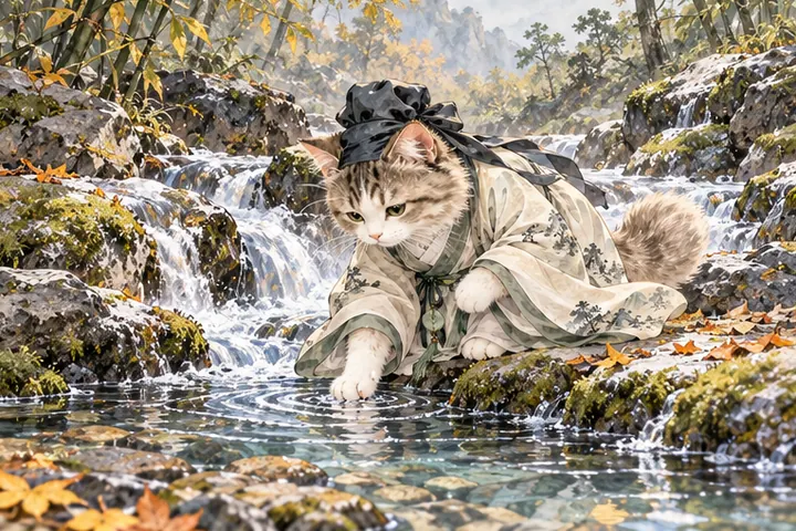 清泉流过山石，王维猫在溪畔伸爪轻触水面